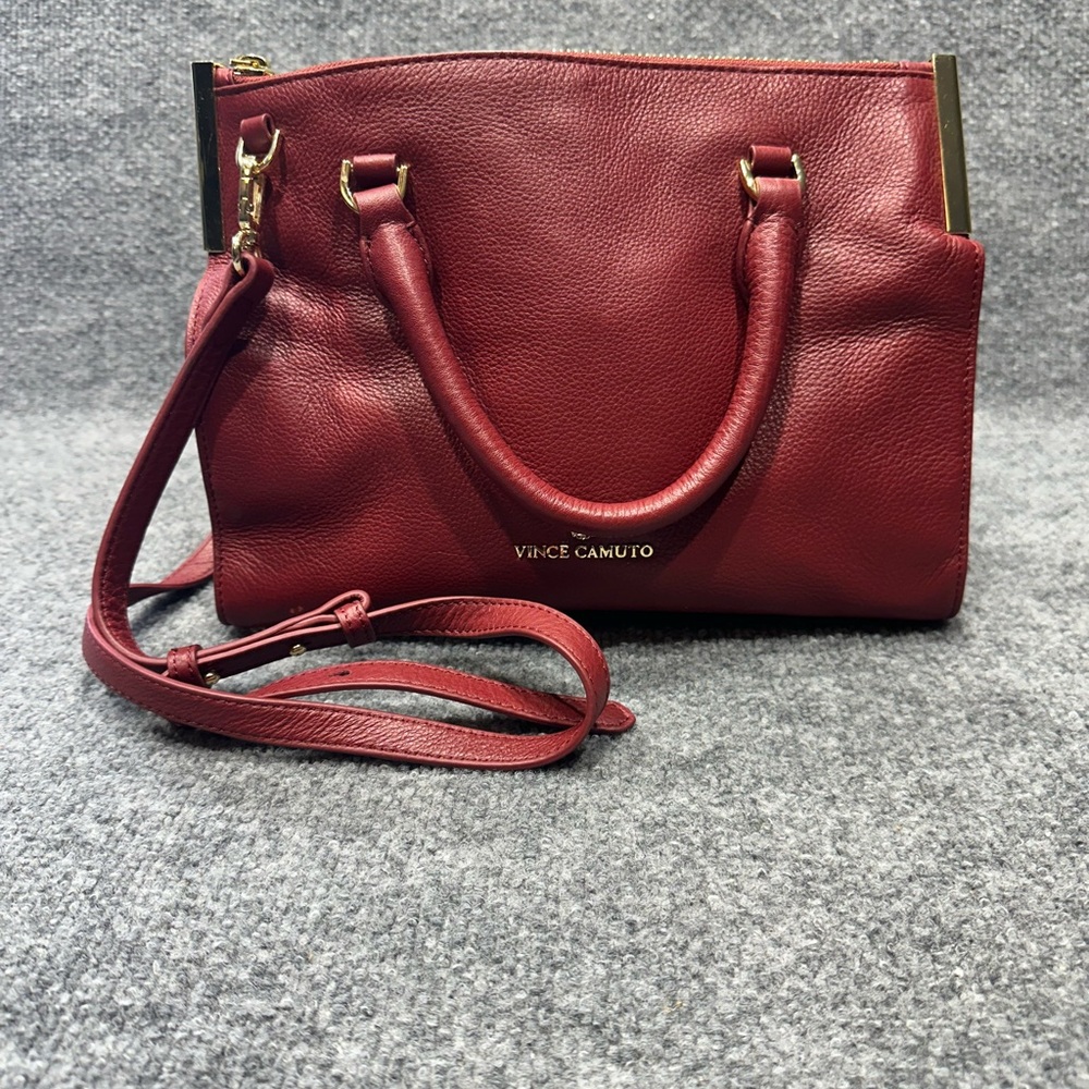 Vince Camuto Deep Red Pebbled Leather Satchel with Detachable Strap PO0129